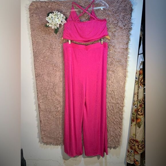 SHEIN S:2XL Hot Pink crop top w/ Wide Leg Pants cord Set with Butterfly Belt EUC - Picture 7 of 9